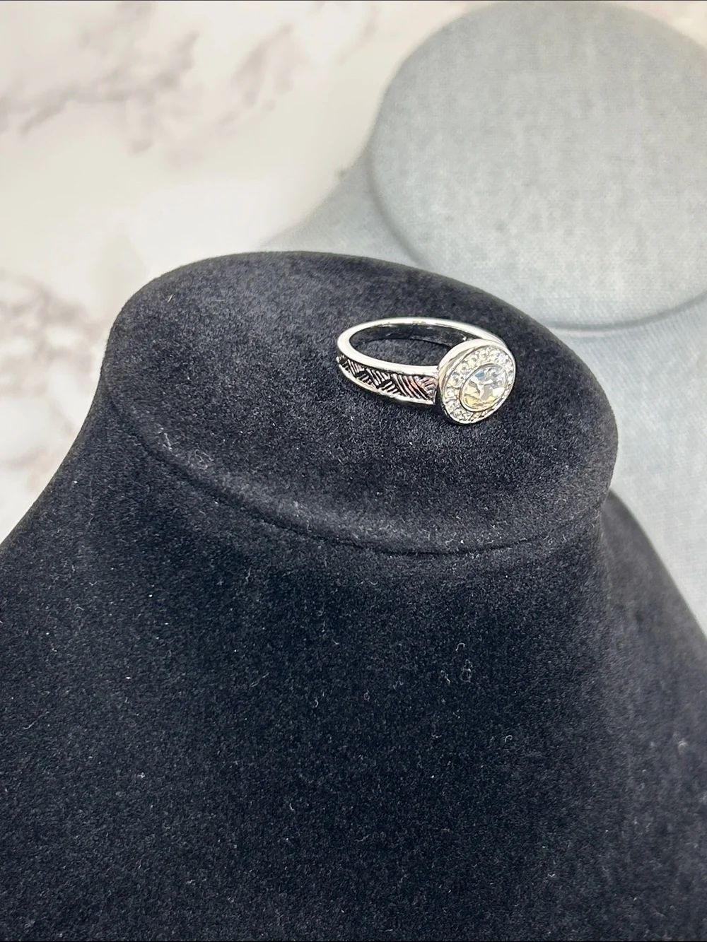 Touchstone Crystal by Swarovski Silver Halo Ring with Clear AB Center Crystal